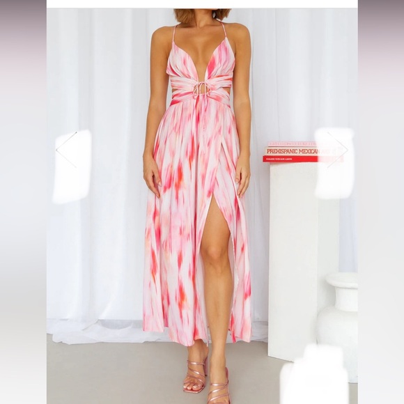 Hello Molly Dresses & Skirts - Hello Molly Love Letters Maxi Dress Pink Print Cutout Open Back Split Leg